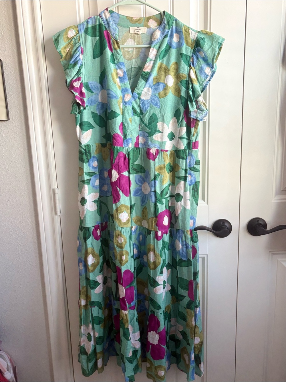 entro Teal Floral Tiered Midi Dress with Pink & Blue Blooms - Picture 2 of 5
